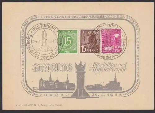 Gedenkblatt TORGAU mit SoSt. 25.4.48 Tag der Vereinigung der Alliierten  Armeen, 3 M Verkaufspreis, Umsiedlerhilfe
