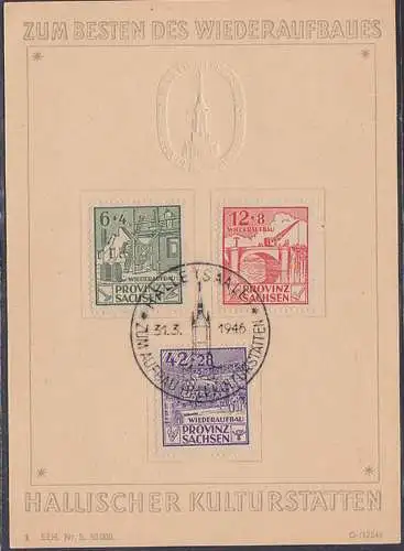 Gedenkblatt Provinz Sachsen Prägekarte mit SoSt. 31.3.1946 Halle (Saale) Aufbau Hallescher Kulturstätten, Rote Turm