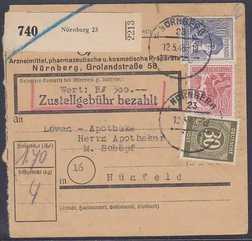 Paketkarte Nürnberg 13 12.5.58 an Löwen-Apotheke Hünfeld mit "Zustellgebühr bezahlt" Frankatur 1,70, Abs. Arzneimittel