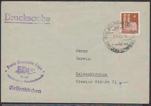 Gelsenkirche SoSt. 1.9.49 "Friedens Kongress", Abs. Freie Deutsche Liga Bund entschiedener Friedensfreunde