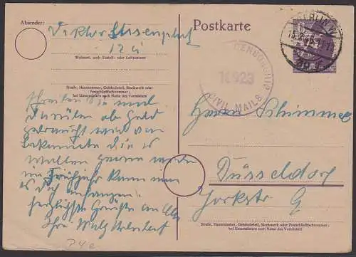 Berlin W30, 6  Pf. GA Berliner Bär mit englische Zensur 18923 vom 15.2.46 nach Düsseldorf, british censorship