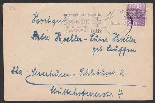 Köln Drucksache, Mi. 37 6 Pf. Leiste MWSt. "Deutsches Rotes Kreuz Spende auch Du und werde Mitglied im DRK" red cross