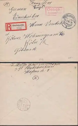 Oberlahnstein R-Brief Barfrankatur 31.3.46, roter R2 "Gebühr bezahlt" nach Köln, Franz. auf Engl. Zone geändert