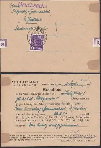 Dokument M. Gladbach Arbeitsamt Bescheid betr. Arbeitsplatzwechselsache, Drucksache 2.9.47