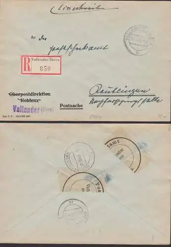 Vallendar / Rhein, Postsache R-Brief 3.10.49, Umschlag von Oberpostdirektion Koblenz nach Reutlingen