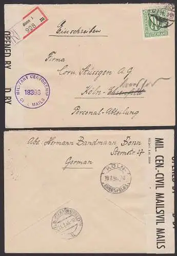 Zensur military censorship 18393 Bonn R-Brief 12.2.46 42 Pfg. AMP nach Köln an Firma