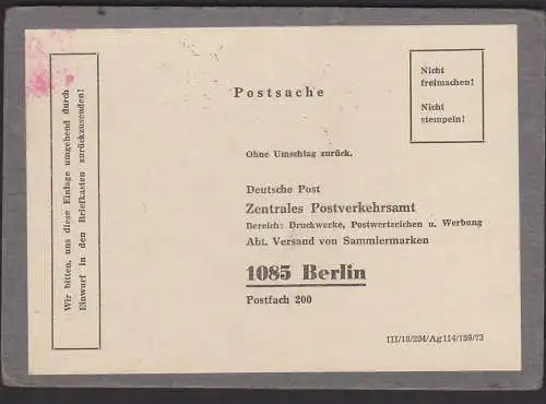 Postsache Karton als Verstärkung zum Versand der Sammlermarken aus Berlin zweiseitig mit Dv III/18/234/Ag 114/159/73