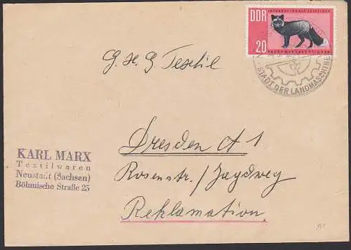 Neustadt Stadt der Landmaschinen  20 Pfg. Leipziger Rauchwarenauktion Silberfuchs, DDR 945, Textilwaren Karl Marx