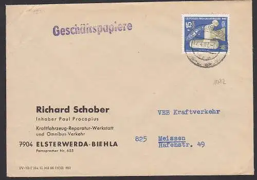 G.-Papiere Elsterwerda-Biehla 15 Pfg. Messe1967 Spiegelteleskop Carl Zeiss Jena, DDR 1255, Omnibus-Verkehr