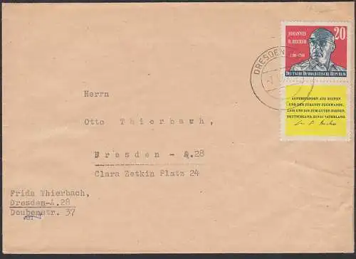 Dresden Ortsdoppelbrief 20 Pfg. Johannes R. Becher mit Zierfeld DDR 732,  Text  Auferstanden aus Ruinen und der Zukunft