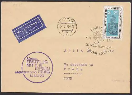 Leipzig Glockenturm Hochhaus 25 Pfg. Lp-Brief Berlin nach Prag, DDR 949 als portogenau EF, Erstflug mit IL 18