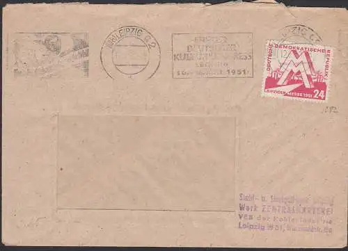 Leipzig MM Mustermesse 1951, DDR 282 Brief MWSt. Erster Deutscher Kulturkongress