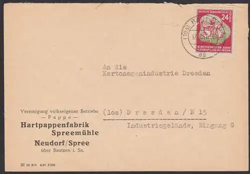 Weltfestspiele Jugend und Studenten Berlin 1951, DDR 290 Brief MWSt. Rohrpost bringt Zeitgewinn, Driesen-Verlag