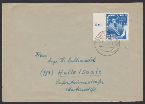 Oberhof Wintersportmeisterschaften 1952, DDR 299, Fernbrief Potsdam-Rehbrücke 15.1.53, li. Randstück