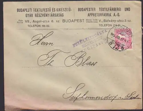 Vogel Turul Stephanskrone 40 Filler Budapest Brief Budapester Textilfärberei nach Sachsen Seifhennersdorf mit Zensur-St.