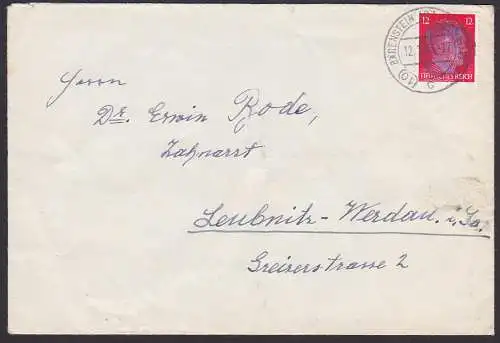 Bärenstein (Bz. Chemnitz), Sächsische Schwärzung 12 Pfg. Hitlerkopf geschwärzt Fern-Bf 12.7.45, portogenau