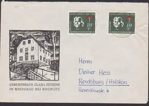 Clara Zetkin 10 Pfg. auf Schmuckumschkag Geburtshaus Wiederau bei Rochlitz, DDR 592(2)