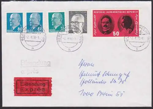 Karl Liebknecht und Rosa Luxemburg, Marke aus Block DDR 1155 Bl. 25, Eil-Brief, MiF Walter Ulbricht, rs. Eingangsst.