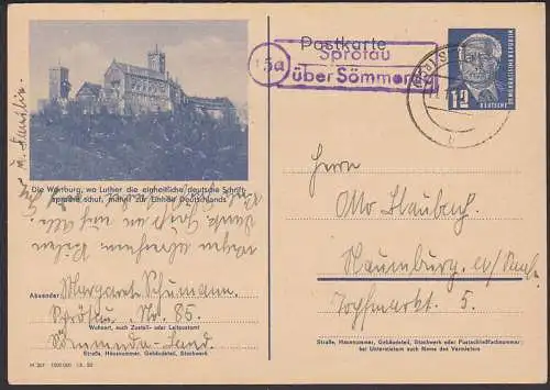 Wartburg, wo .. Eisenach, PSSt. (15a) Sprotau über Sömmerda 12 Pfg. W. Pieck GA P47 /04, Luther Bibelübersetzung