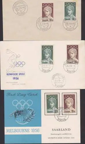 Olympische Spiele 1956, Saarbrücken FDC Saar 371/2 je auf 3 Unterlagen, dabei MC