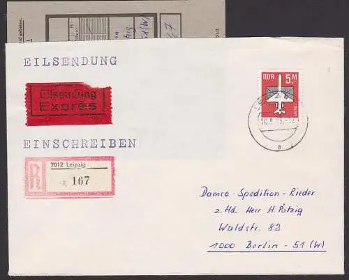 Luftpost 5,- M auf Eil-R-Brief Leipzig  mit Einl.-Schein 10.9.85 gelaufener FDC, rs. Eing.-Stempel