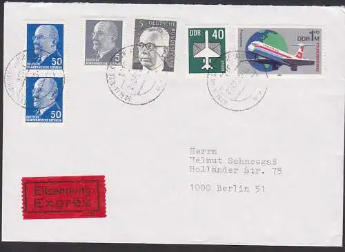 Flugzeug IL 62, Luftpost Marke aus Block Eil-Brief nach Berlin (West) DDR 2520 Bl. 59, rs. Eing.-Stempel