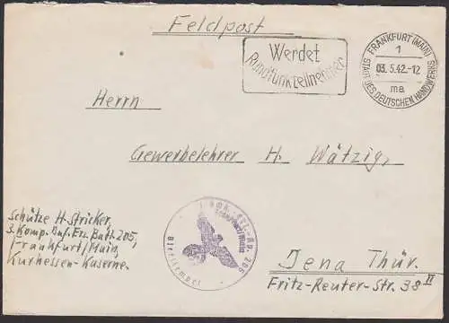 Feldpost MWSt. Frankfurt (Main) 3.5.42 Stadt des deutschen Handwerkes, "Werdet Rundfunkteilnehmer mit Briefstempel