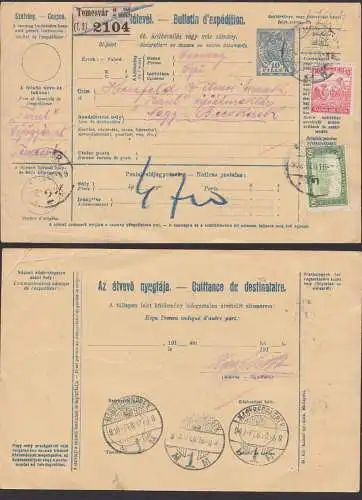 Temesvar Paketkarte 1918 mit 10 Filler Wertstempel und Zusatzfrankatur