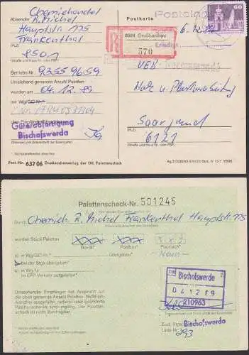 Verwendungsrarität Palettenscheck, R-Karte 60 Pf. Dresdner Zwinger, Großharthau, Güterabfertigung Bischofswerda, Reichsb