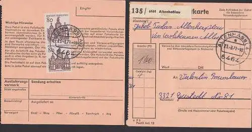 Altenhaßlau Paketkarte 23.3.71 mit 80 Pfg. Weissenburg / Bayern, BRD 461(2)