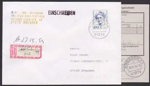 Dresden Postleitzahlenumstellung R-Brief mit Einlieferungsschein, R-Zettel mit korrigierter PLZ , BRD 1614, 450 Frauen