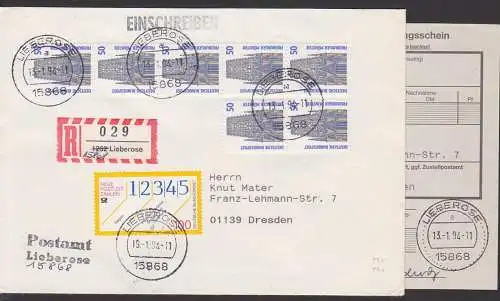 Lieberose Postleitzahlenumstellung R-Brief mit Einlieferungsschein, R-Zettel mit korrigierter PLZ , BRD 1340(7), 1659