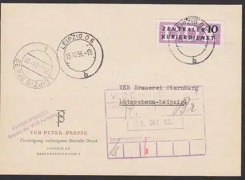 Leipzig Karte mit 10 Pfg. ZKD 6 vom 25.10.56 nach Lützschena, Abs. VEB Peter-Presse