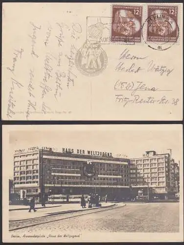 Berlin Weltfestspiele der Jugend 1951 DDR 289(2) auf offizieller Fotokarte mit "Haus der Weltjugend" am Alex