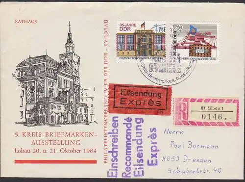 Löbau Schmuckumschlag Rathaus Ausstellung SoSt. Fern-Eil-R-Bf mit Marke aus Block 77 "35 Jahre DDR" Staatsratsgebäude