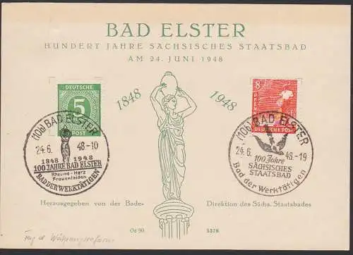 Bad Elster Gedenkblatt 100 Jahre sächsisches Staatsbad 1848 - 1948, zwei versch. SoSt.