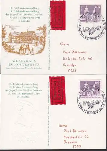 Carl Maria von Weber 2 Sonderktn Eilbote-Ortssendung, Weberhaus Hosterwitz, Prägekarte mit Kopfbild, Kronentor Zwinger