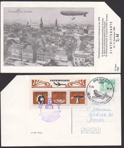 Melli Beese num. Eintrittskarte Parseval über Dresden mit Vignette und Flugbestätigung 13./14. September 1986