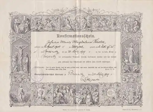 Dresden Briesnitz Konfirmationsschein 30. März 1919, allegorische Abb. Geburt Taufe, Kreuzigung, Auferstehung
