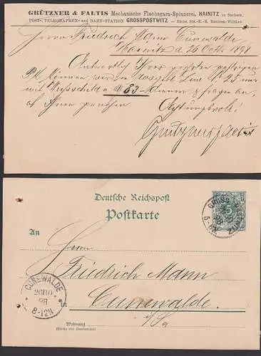 Grosspostwitz  5 Pfg- GA mit privatem Zudruck Grützner & Faltis Mechanische Flachsgarn-Spinnerei Hainitz 26.10.1898