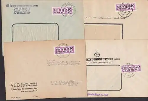 Dresden, Cossebaude Neustadt, Berlin O17, 4 ZKD-Briefe mit 20 Pf. Streifen B 7, Erntebergungsmaschinen, Fahrzeugausrüst.