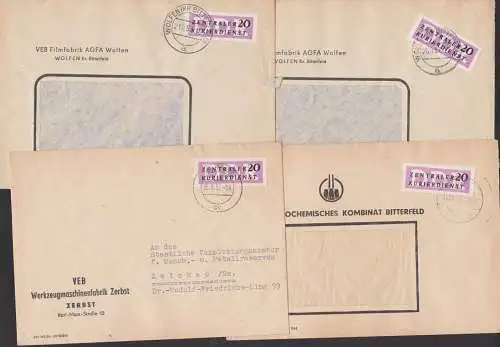 Bitterfeld, Wolfen, Zerbst 4 ZKD-Briefe  mit 20 Pf. Streifen B 7, Filmfabrik AGFA, Elektrochemisches Kombinat, Werkzeug