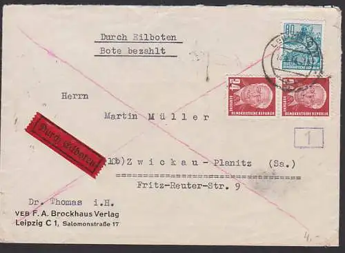 Leipzig 14.4.54 Eil-Doppel-Brief 80 Pf. 5-Jahrplan II, Mähdrescher Landwirtschaft nach Zwickau, agrar