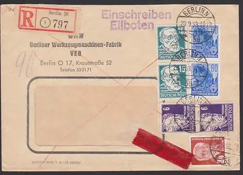 Berlin N58 Werkzeugmaschinen-Fabrik 60 Pfg. 5-Jahrplan I Hochseeschiff, R-Eil-Doppel-Fern-Brief, Porto 1,88 portogenau