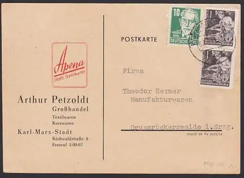 Karl-Marx-Stadt Fern-Postkarte 10 Pf. August Bebel und 1 Pfg. senkr. Paar Bergmann 5-Jahrplan, montan