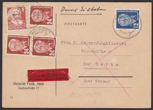 Eilbotenkarte Weimar portogenau, 12, 24 Pfg. (3) Wilhelm Pieck, 8 Pfg. Karl Marx,  (80 Pfg. Eilboten-Gebühr)
