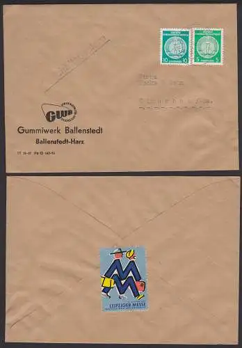 Vignette Leipziger Messe MM-Mänchen 1957, Geschäftspapiere Ballenstedt Harz Gummiwerk Dienstpostbrief, Cinerella