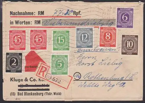 Bad Blankenburg R-Nachnahme-Brief mit Buntfrankatur der Ziffernausgabe nach Rothenburg Lausitz