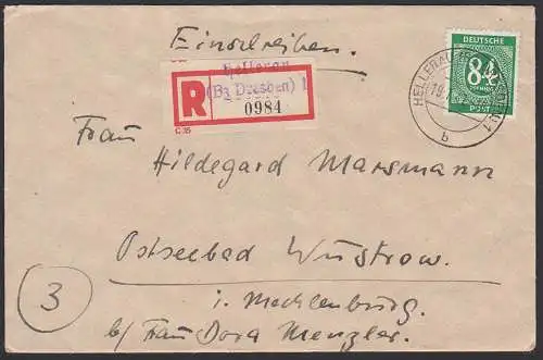 Hellerau (Bz. Dresden) R-Brief mit Blanco-R-Zettel, 84 Pf. Ziffer 19.7.47 nach Ostseebad Wustrow