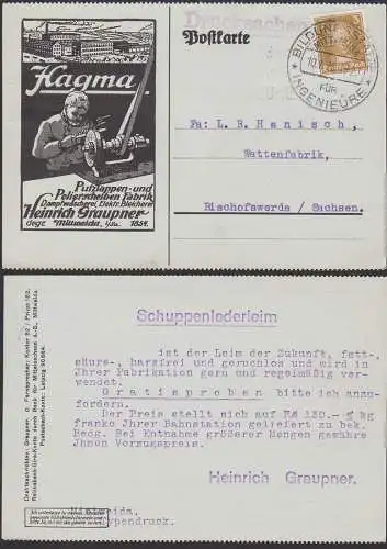 Mittweida Bildungsstätte für Ingenieure 10.1.28 Karte mit Werbezuruck Hagma Putzlappen Polierscheiben Heinrich Graupner